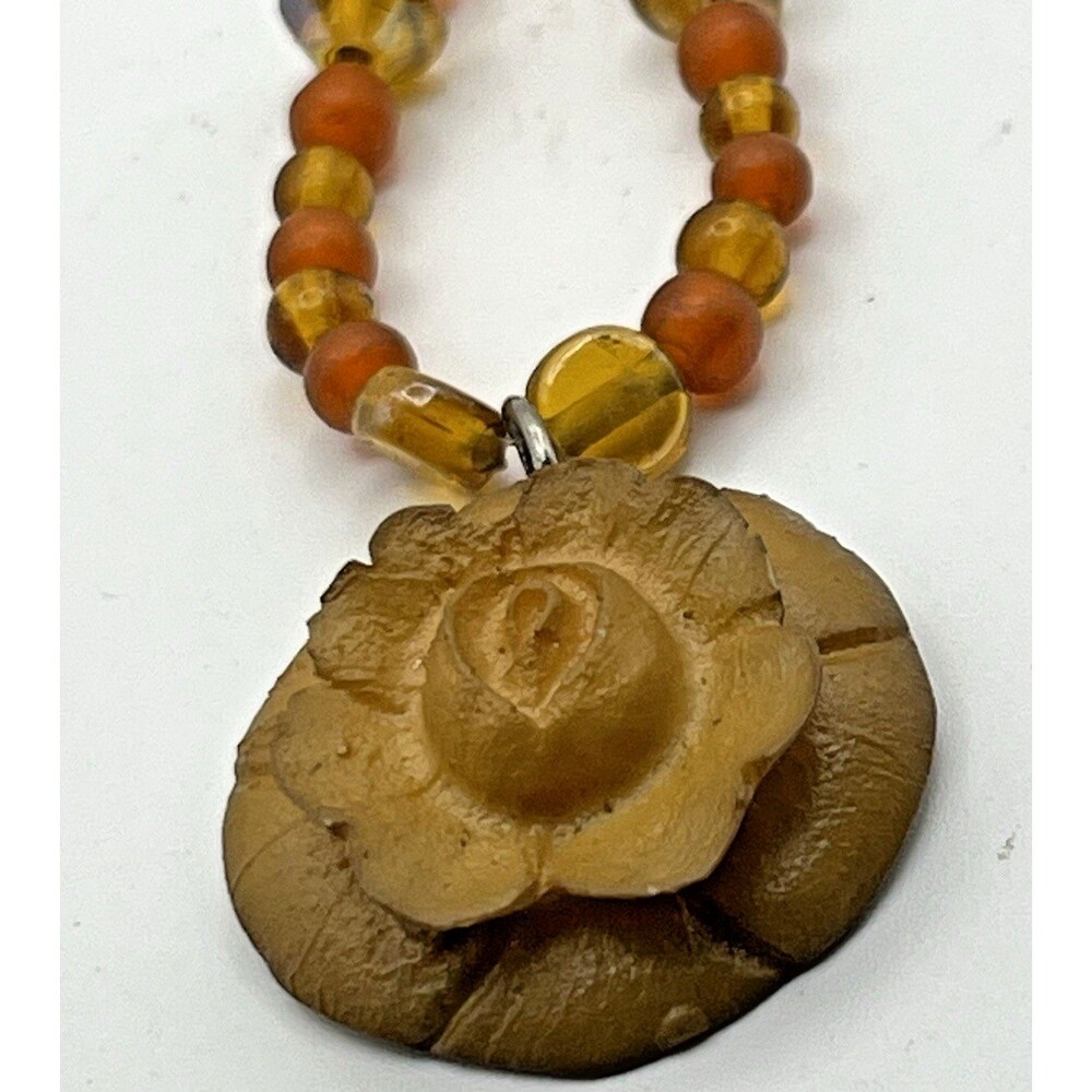 Necklace Rose Motif Pendant Resin Hand Carve Amber Color & Orange Beads 8.5"